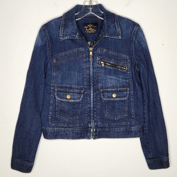 Lauren Ralph Lauren Jeans Co Size Medium Denim Cropped Jean Jacket LRL Blue Zip - Picture 1 of 8